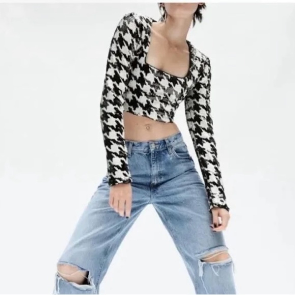 Zara Sequined Black and White Houndstooth Print Crop Top Size S